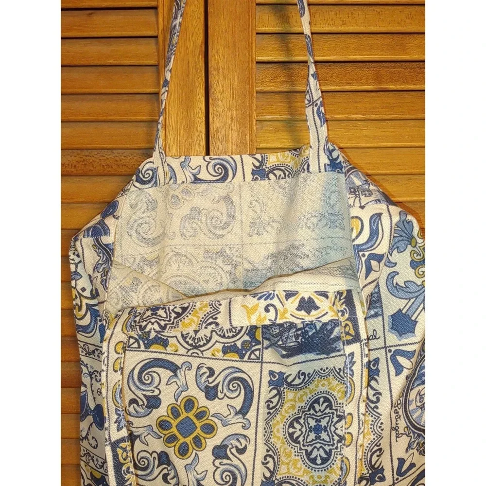Portuguese Cotton Tote Bag Azulejo Tile Print OS Blue Yellow Excellent Condition